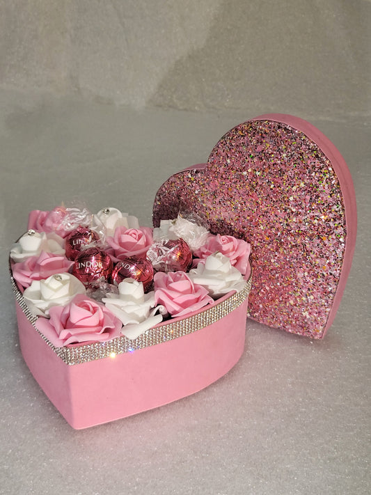 Heart shaped pink Artificial rose box with Lindt chocolates