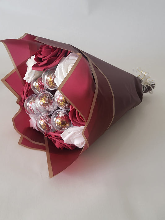 Burgundy/Whitee Lindt chocolates Bouquet with Artificial Roses