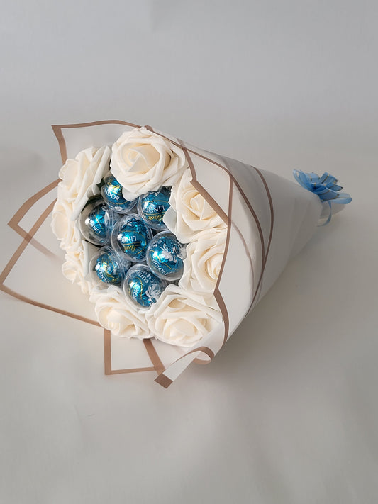 Champagne/Blue Lindt chocolates Bouquet with Artificial Roses
