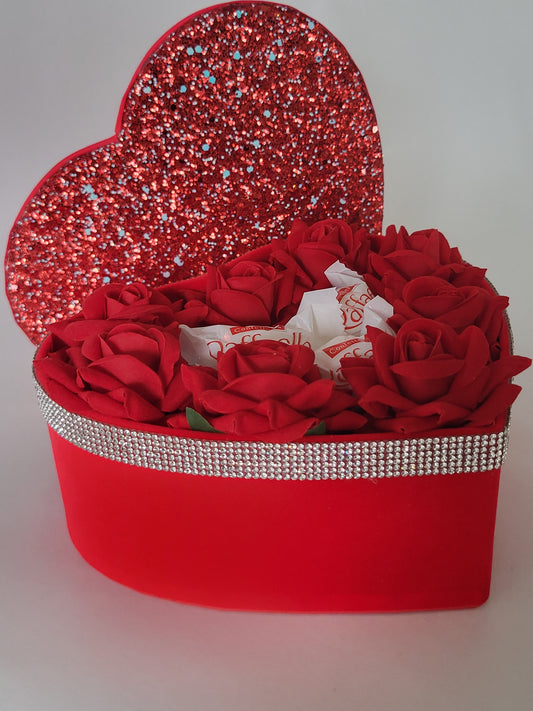 Heart shaped box with Raffaello and Artificial Roses