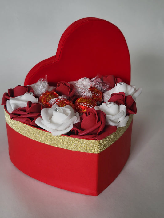 Heart Shaped box with Lindt chocolates and Artificial Roses