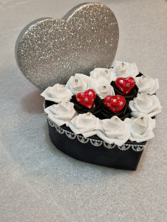 Grey/Silver Heart shaped Artificial Rosebox with Baileys chocolates