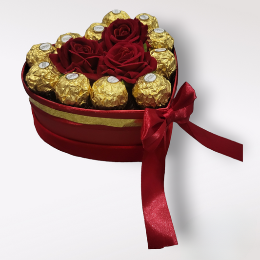 Heart shaped Ferrero Rocher giftbox with Artificial Roses