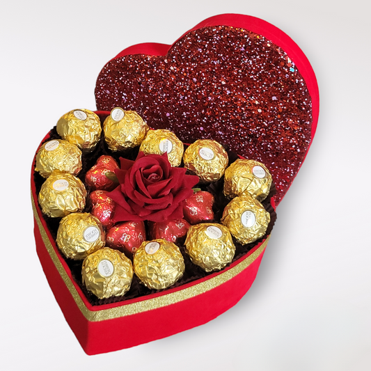 Heart shaped box with Artifical rose, Ferrero and Baileys chocolates