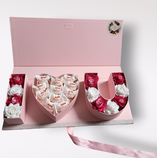 I Love You Pink  box with Artificial Roses and Raffaello